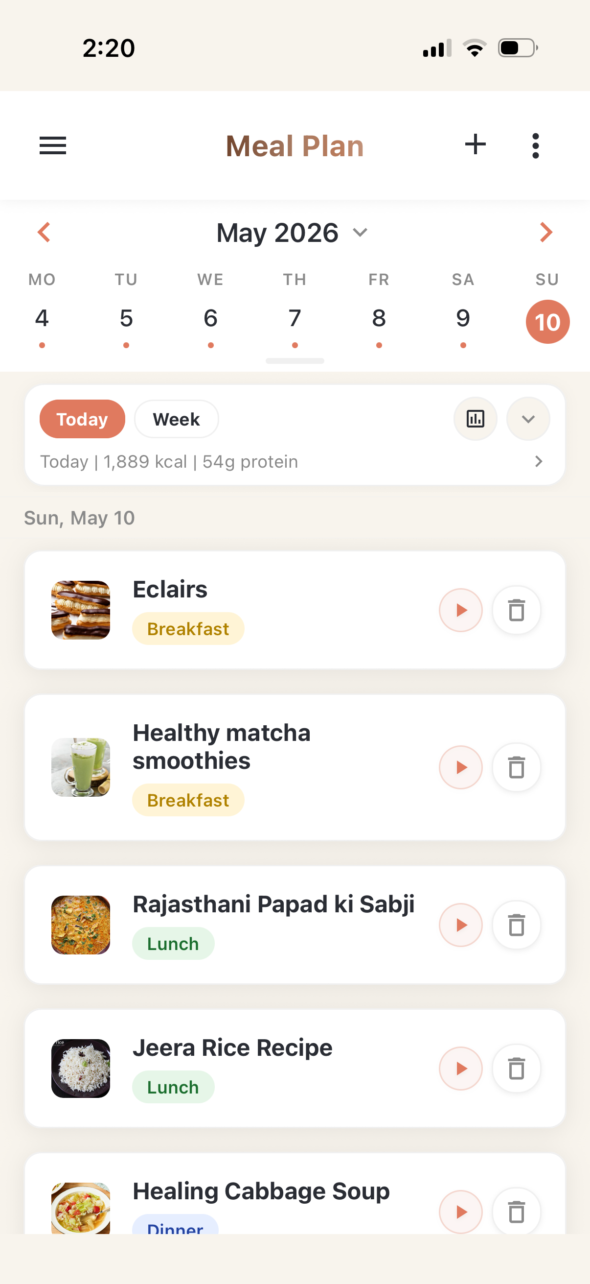 Meal planning screen